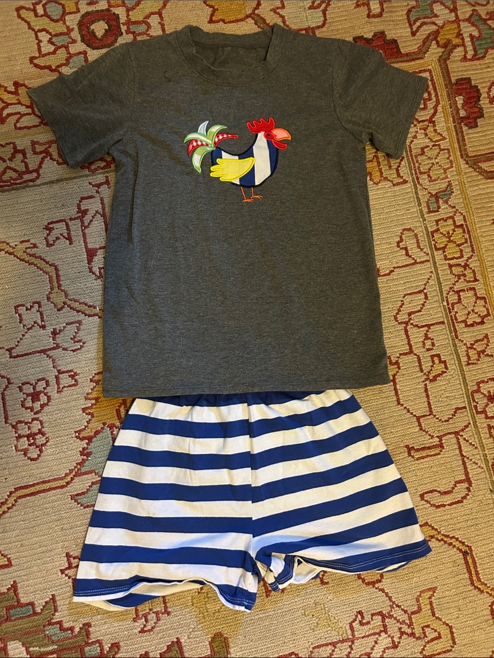Kids Gray Rooster Shirt with Blue Stripe Shorts